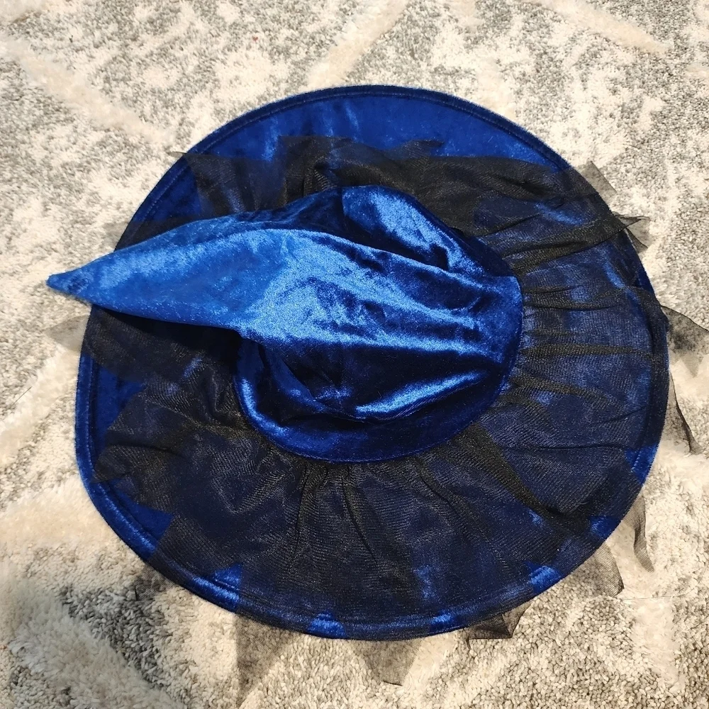 Blue Velvet Velour Black Lace Witch Hat Girl's One Size OS Halloween Costume EUC